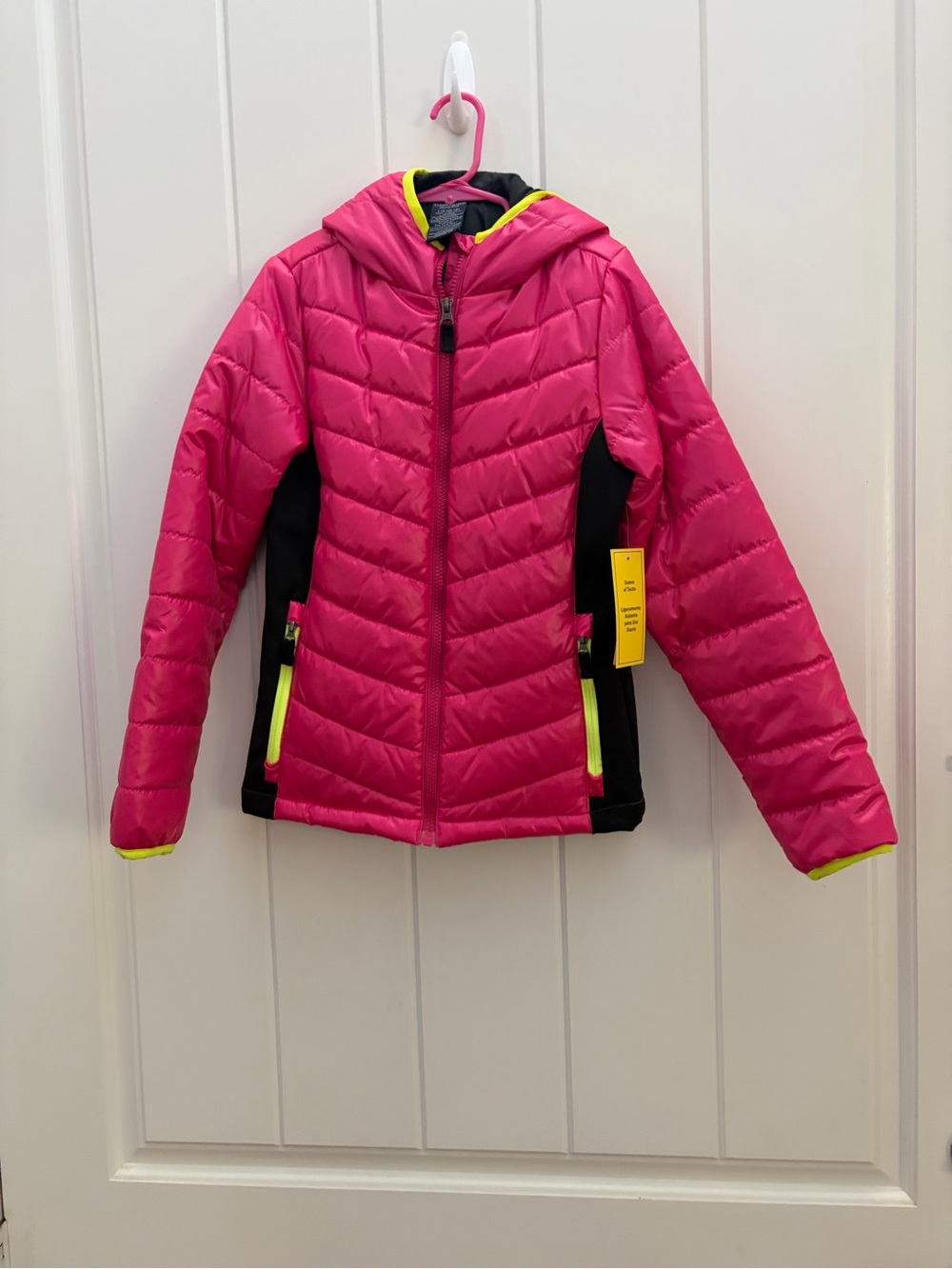 💖Faded Glory Hot Pink Puffer Jacket with Neon Yellow Trim New L(10-12)